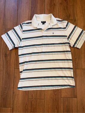 Vintage vurt Cream Polo with Blue and Brown Stripes / men’s xl